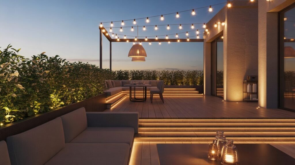 modern rooftop terrace lighting 13 realistic photo of a luxurious modern ro 012iF0JjSlWe6AexLEUpTQ 5BbmowrRQWqKiS 39pyLxA