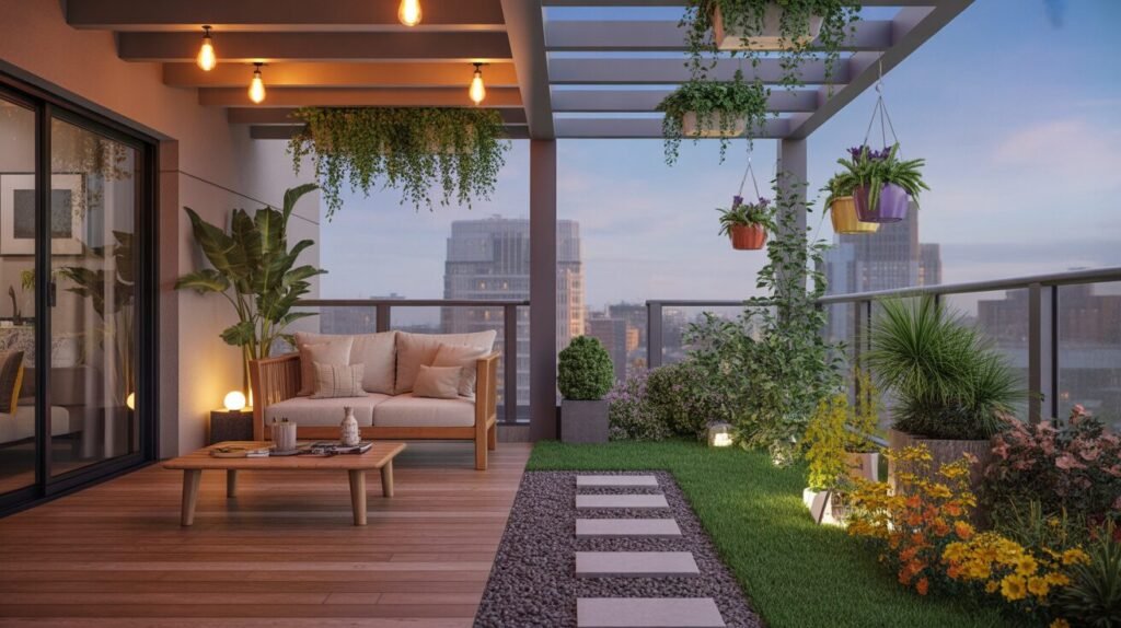 modern balcony garden with wooden deck and exposed ceiling beams 9 realistic photo of a modern balcony gard lR4eC3ESSrCRdAAGJZbQqA tDRVdKX0ROO62 vG0xOZZQ