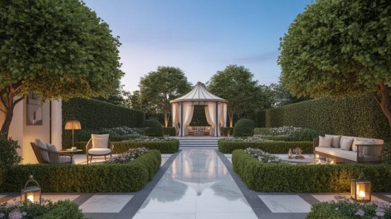 Modern luxury garden pathway with white gazebo 22 Modern luxury garden pathway with white gazebo