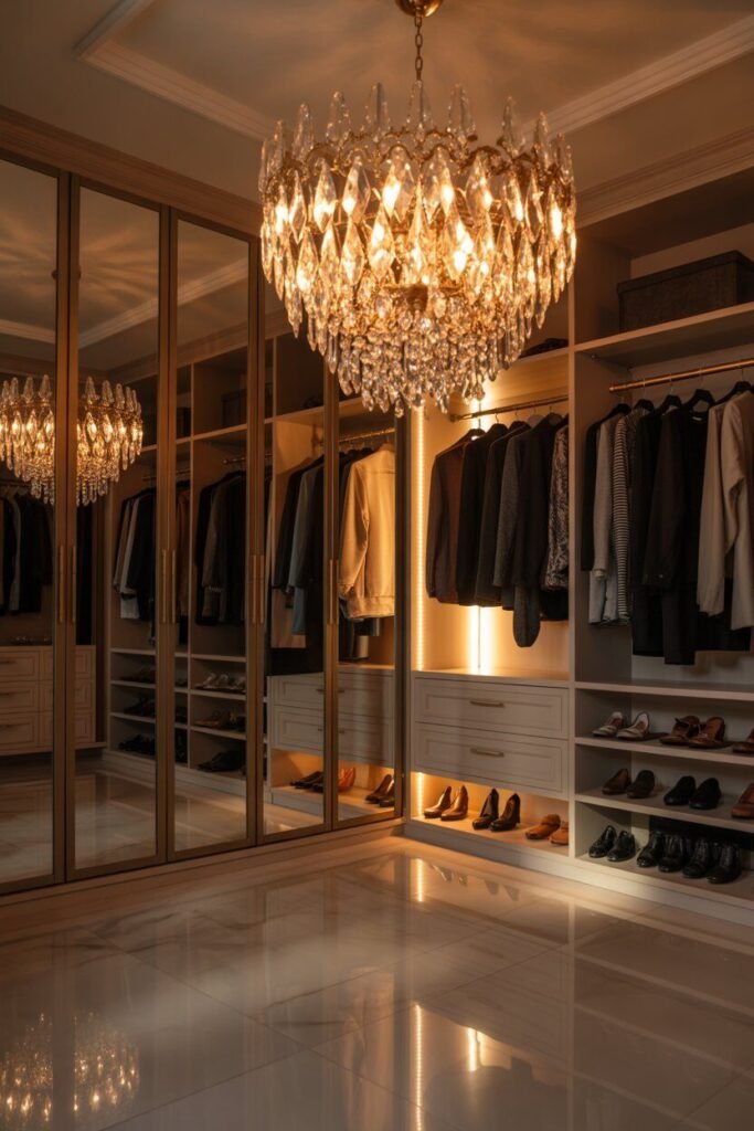 Luxury white walk-in closet design 4 chandelier in luxury white walk-in closet