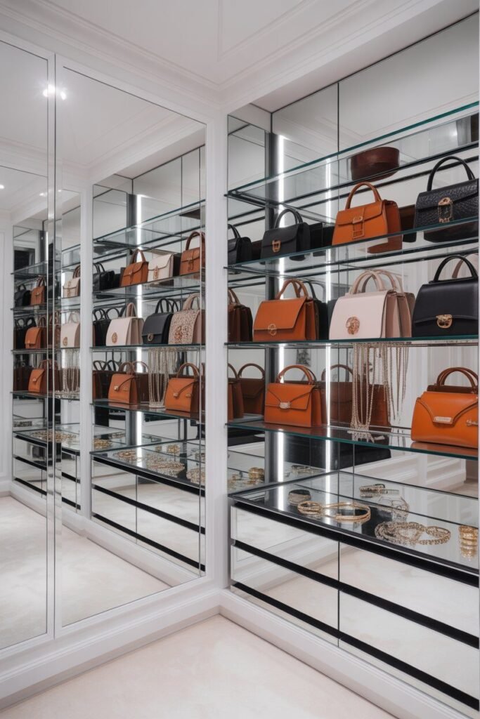 Luxury white walk-in closet design 5 mirrored shelving luxury white closet