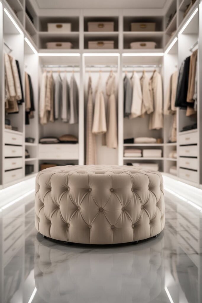 Luxury white walk-in closet design 10 ottoman luxury white walk-in closet