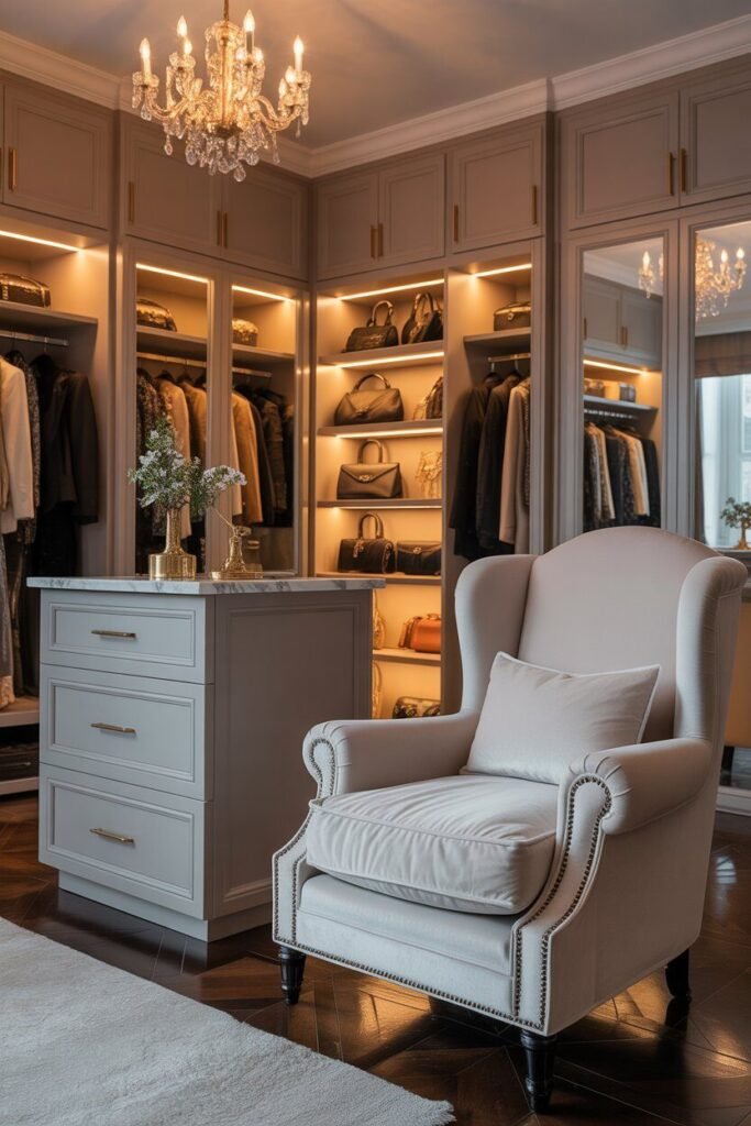Luxury white walk-in closet design 14 seating in luxury white walk-in closet