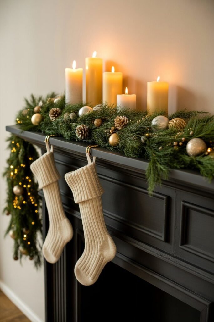 Black Christmas living room fireplace