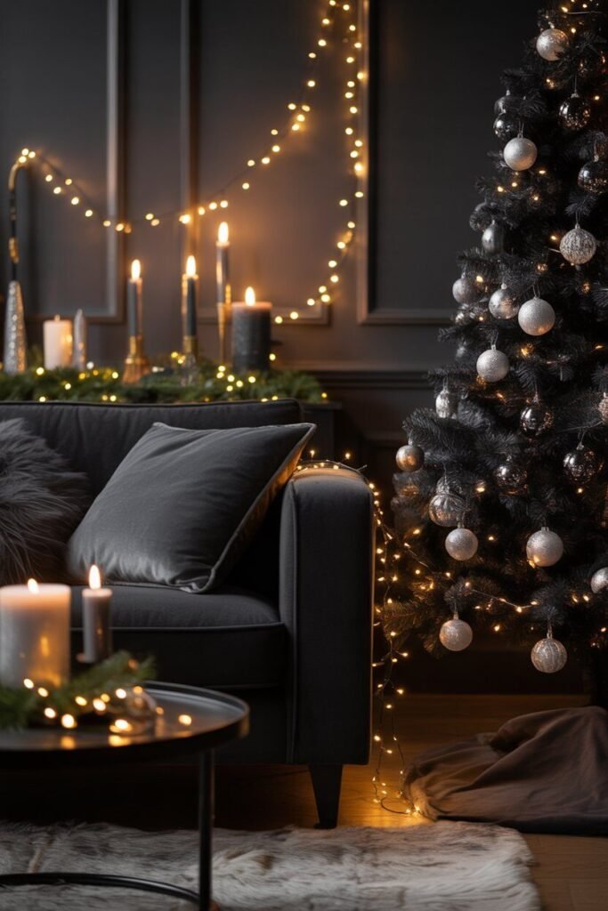 Moody lighting black Christmas living room
