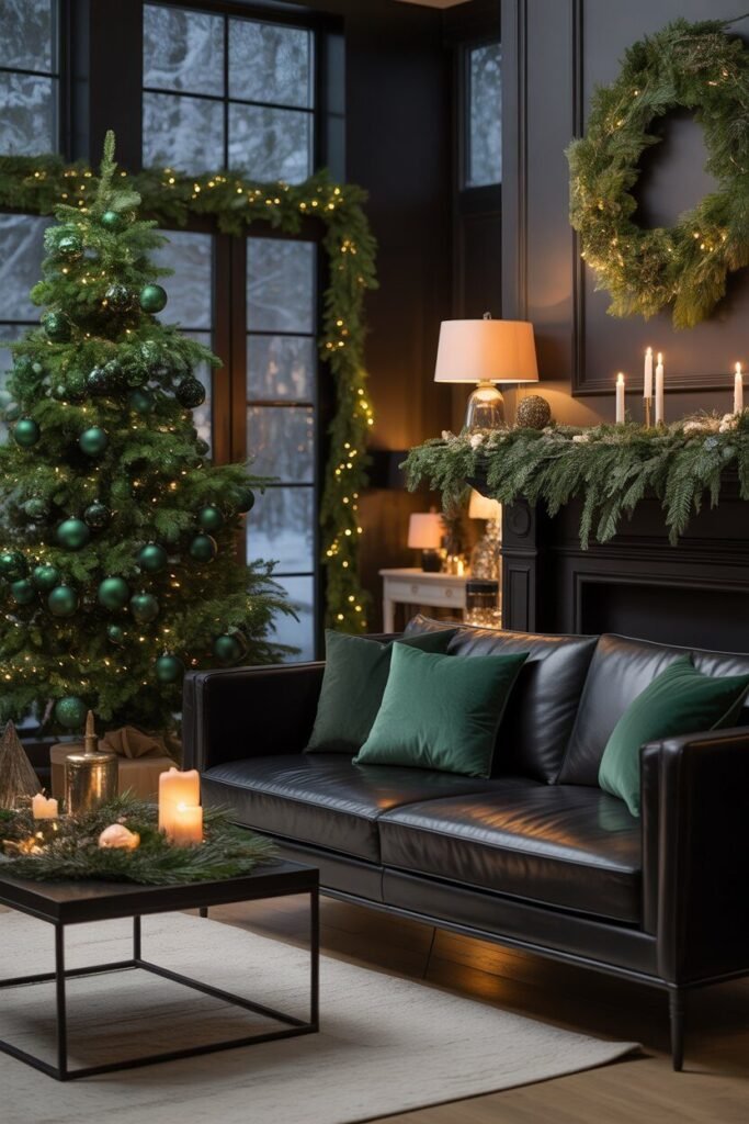Black green Christmas living room