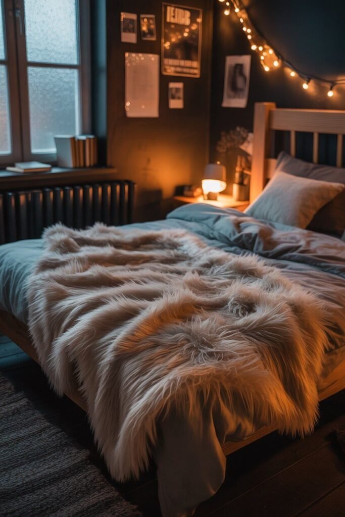 faux fur throw dark and moody winter teenager room ideas