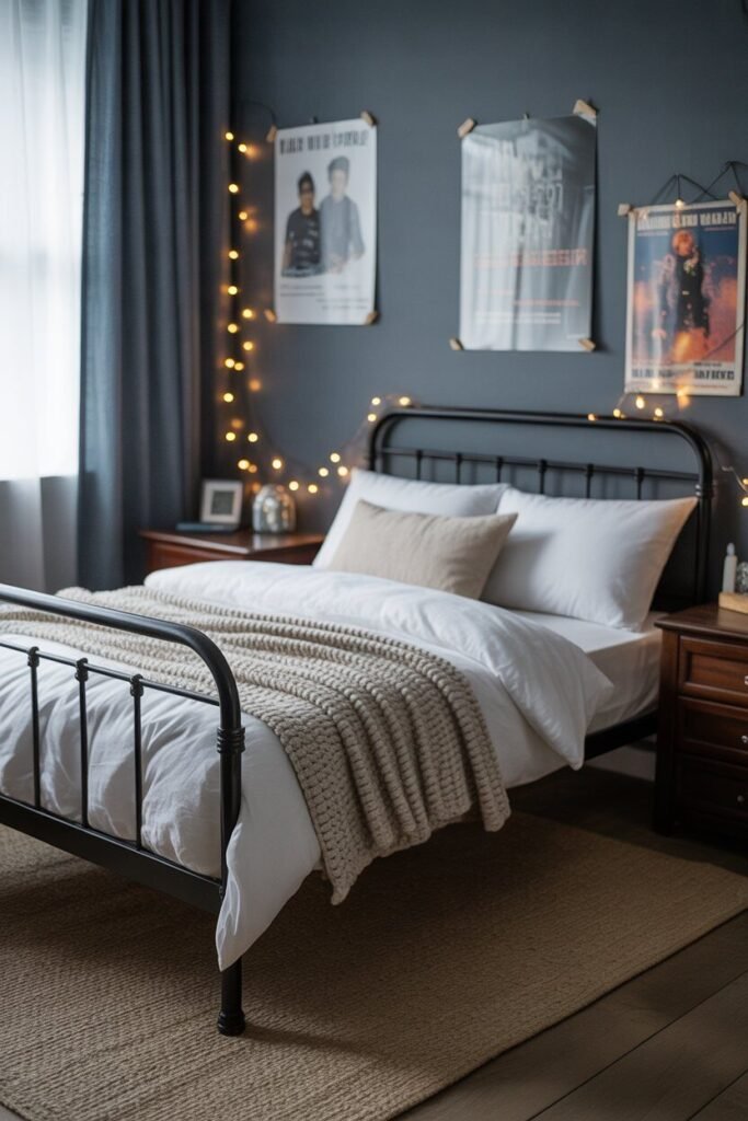 black metal bed dark and moody winter teenager room ideas