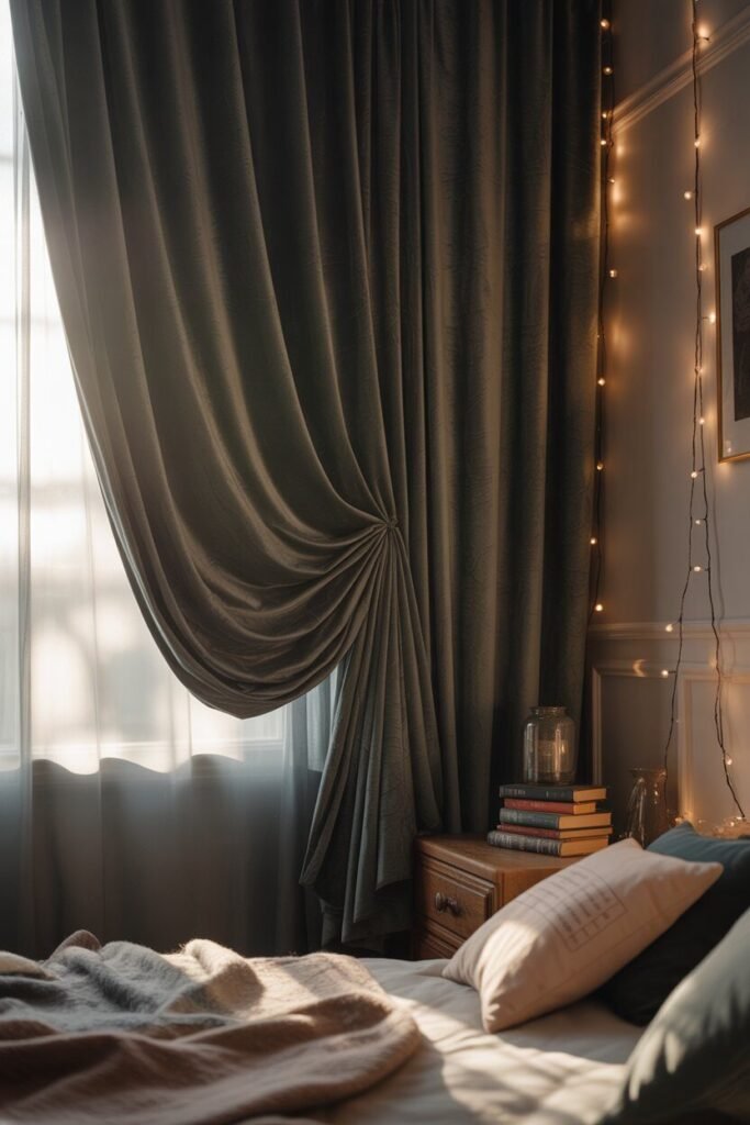 dark curtains dark and moody winter teenager room ideas