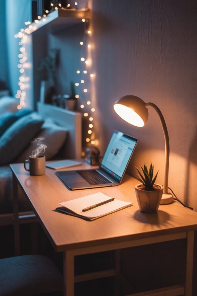 desk setup dark and moody winter teenager room ideas