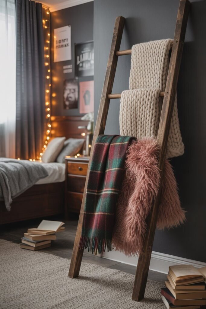  blanket ladder dark and moody winter teenager room ideas