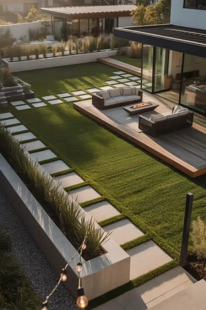 modern backyard with sunken lounge and fire pit overview