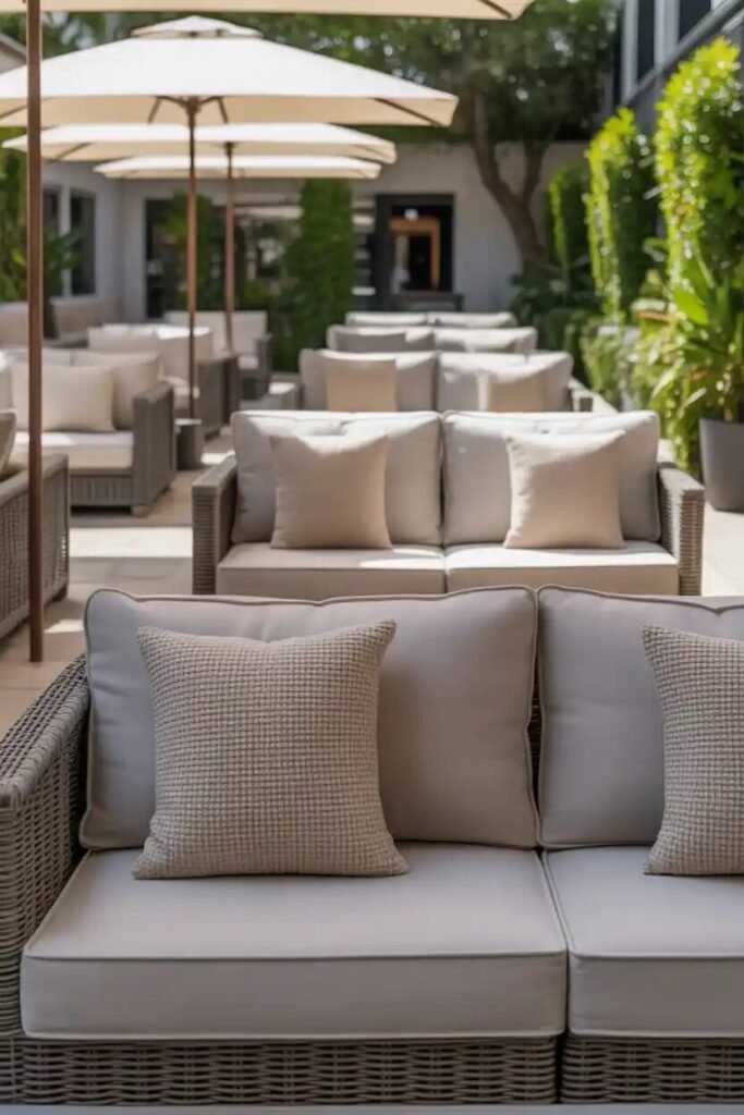 gray sofas modern backyard fire pit