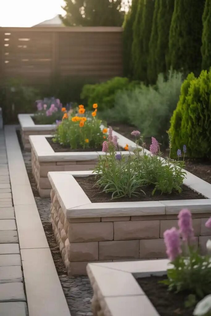 raised flower beds modern backyard fire pit