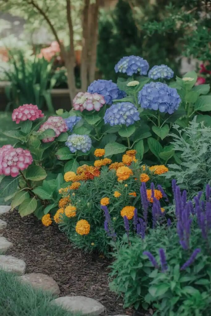 colorful flowers modern backyard fire pit