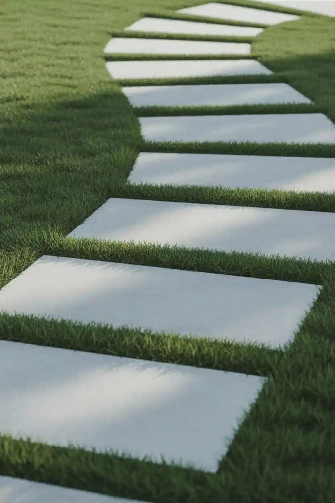 stone pathway modern backyard fire pit