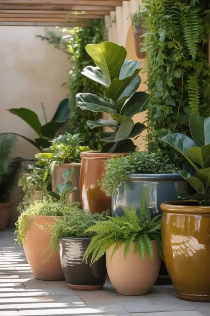 potted plants modern backyard fire pit