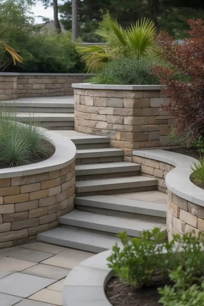 stone walls modern backyard fire pit