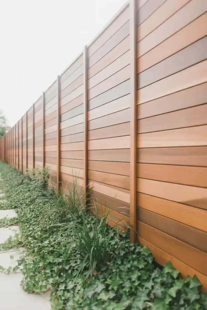 wood fence modern backyard fire pit