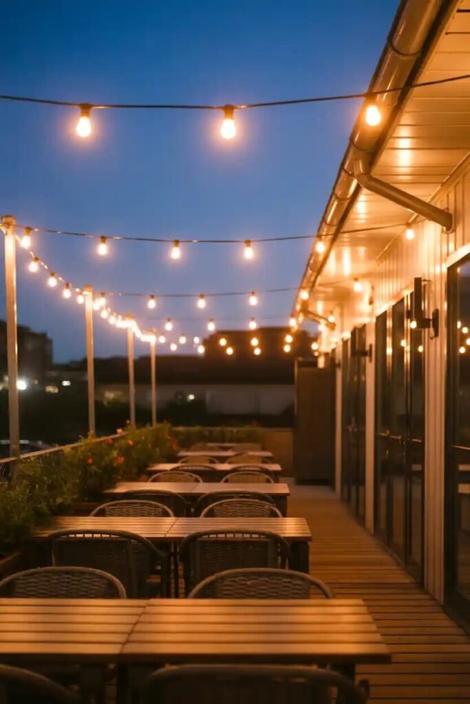 string lights modern backyard fire pit