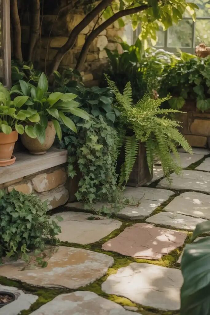 hardscape greenery modern backyard fire pit