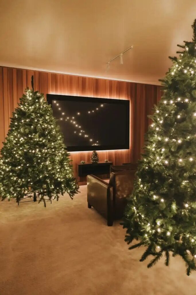 Cozy indoor movie theater setup 5 Christmas trees cozy indoor movie theater setup