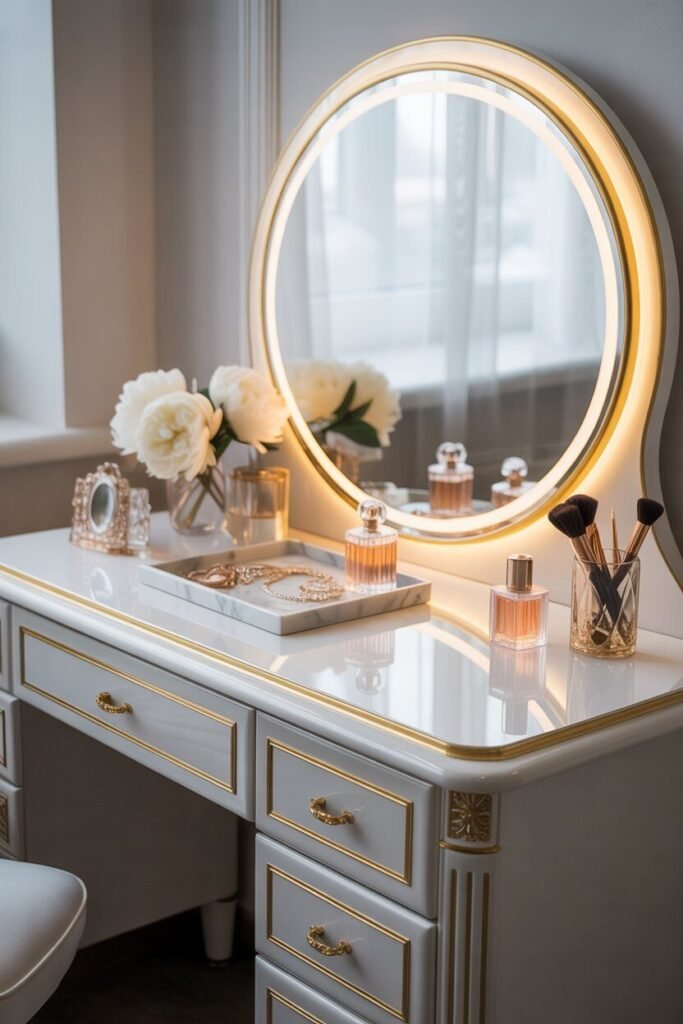 luxurious vanity setup white gold