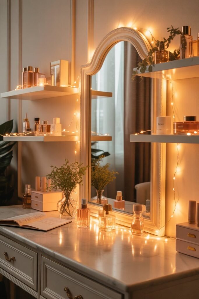luxurious vanity setup golden lighting