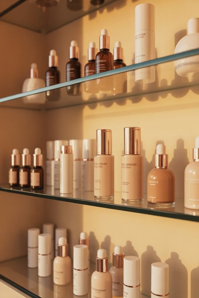 luxurious vanity setup skincare shelves