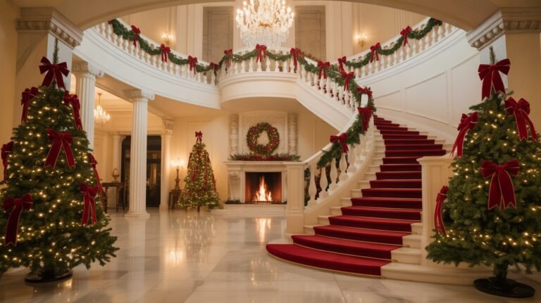 Luxurious christmas-decorated grand foyer and staircase interior