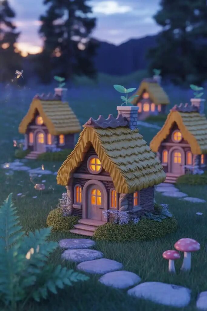 magical fairy garden scene cottages