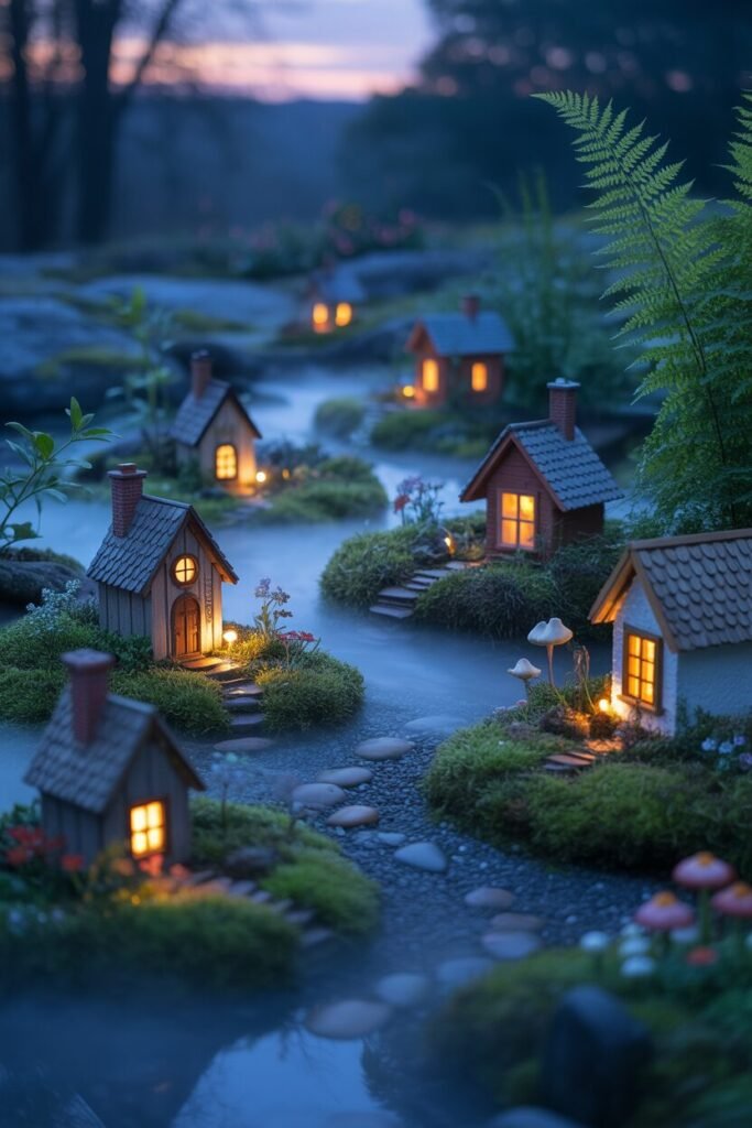magical fairy garden scene blue hour