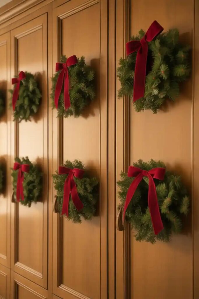Beautifully decorated Christmas kitchen 5 wreath cabinets beautifully decorated Christmas kitchen