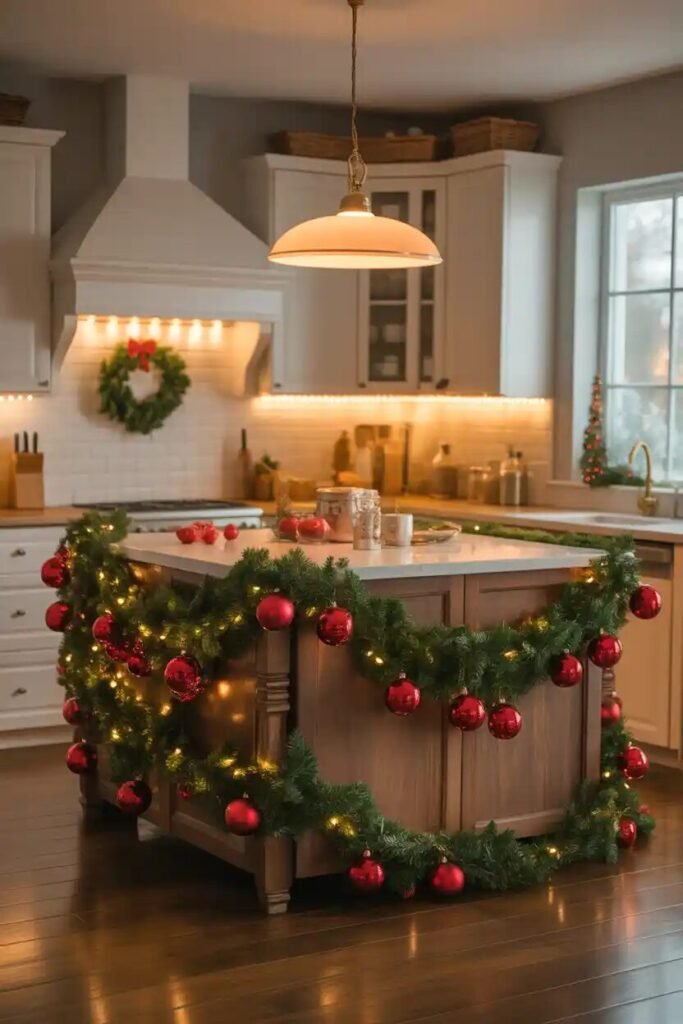 Beautifully decorated Christmas kitchen 6 island garland beautifully decorated Christmas kitchen