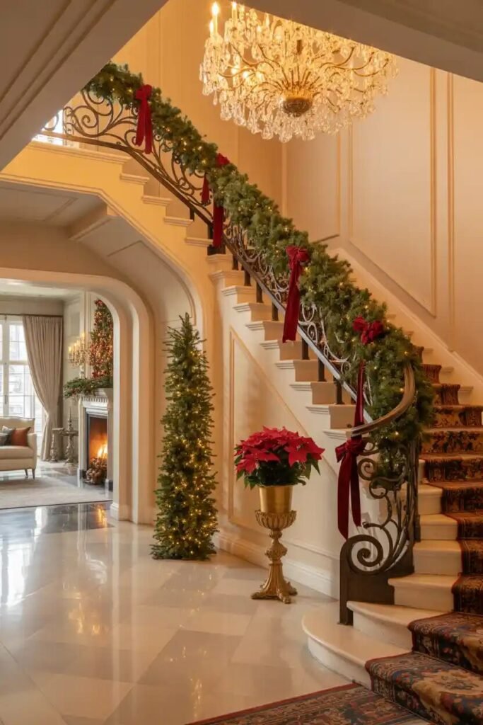 luxurious christmas-decorated grand foyer interior
