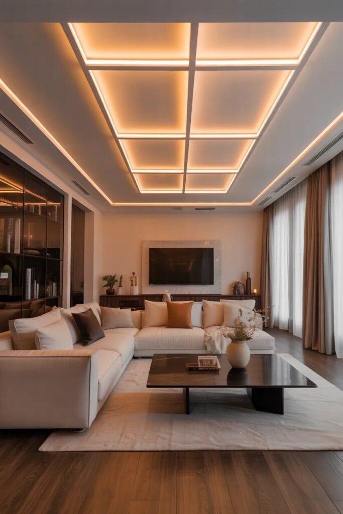  LED grid gypsum ceiling design ideas living room