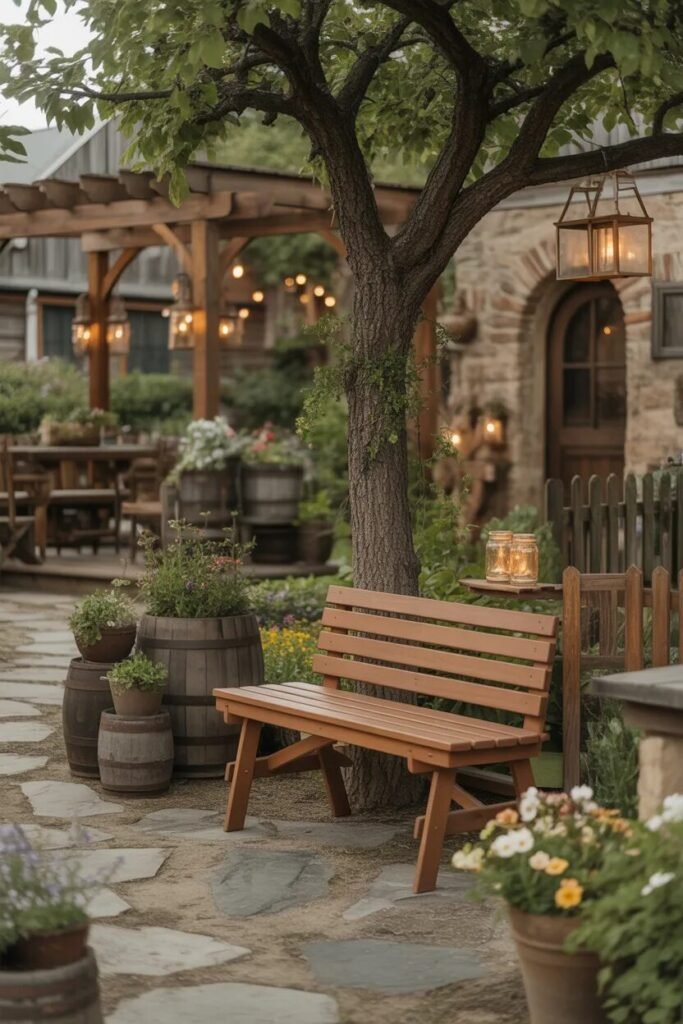 rustic garden decor ideas bench