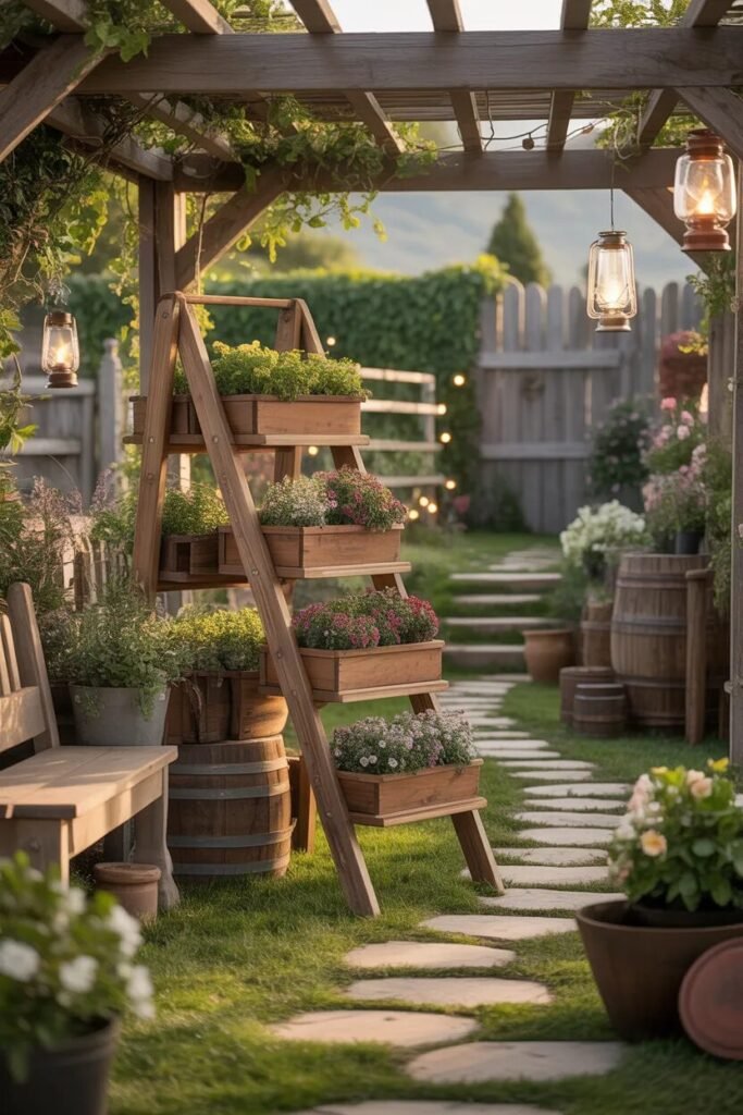 rustic garden decor ideas ladder display