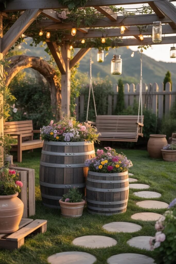 rustic garden decor ideas barrel planters