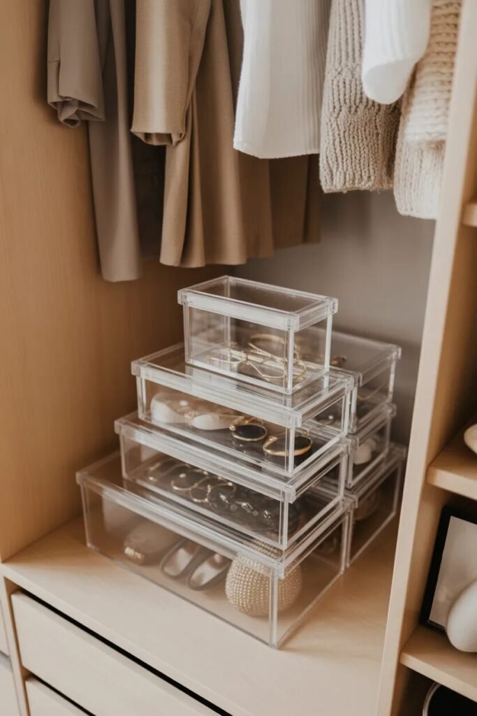 clear boxes feminine closet ideas