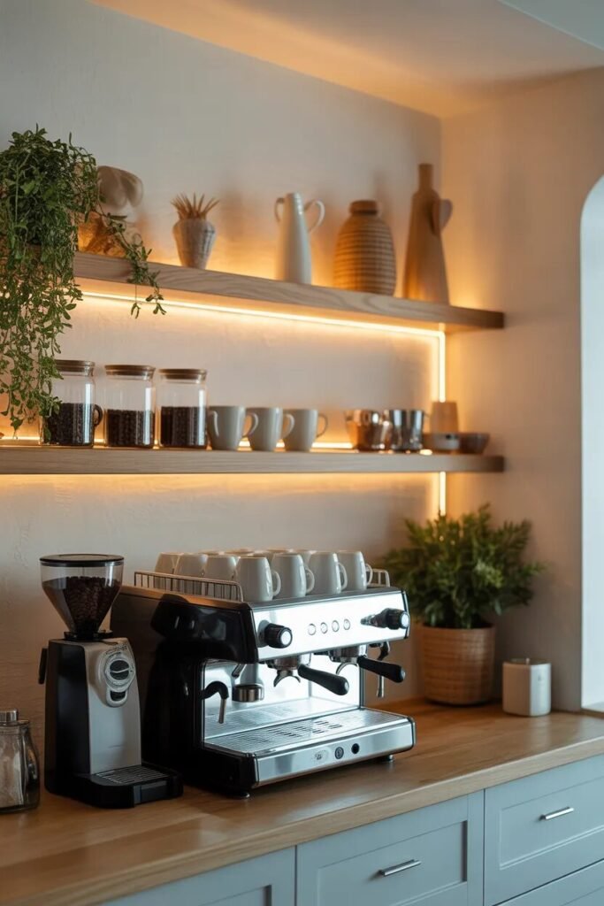 Floating shelf modern coffee bar ideas