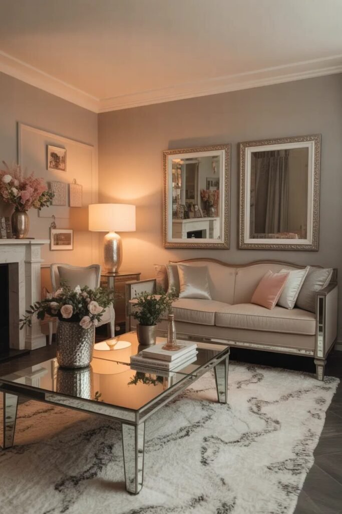 Luxe living room designs mirrored furniture