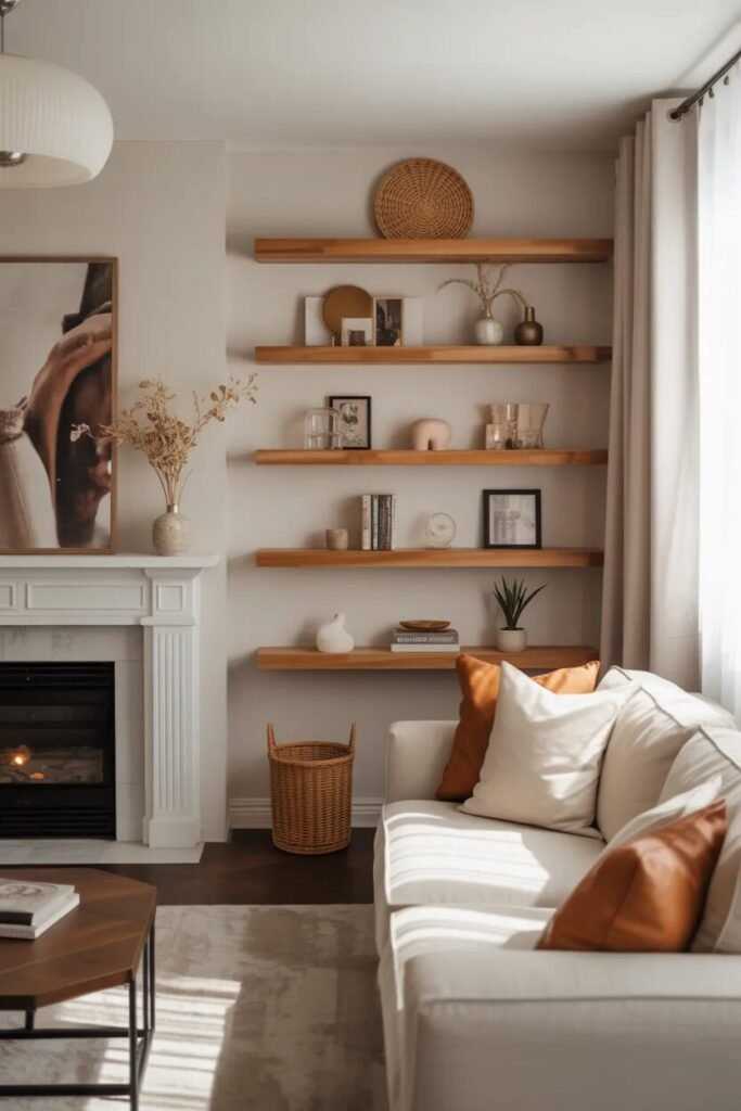 Luxe living room designs floating shelves