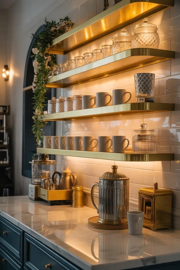 Luxurious coffee bar gold shelves