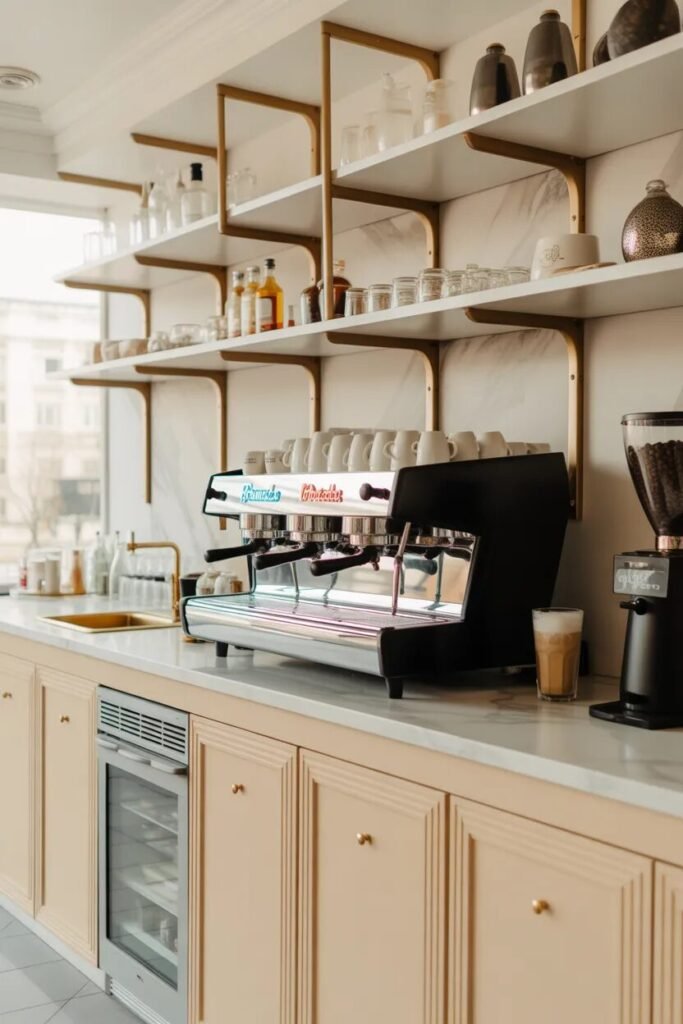 Luxurious coffee bar marble backsplash