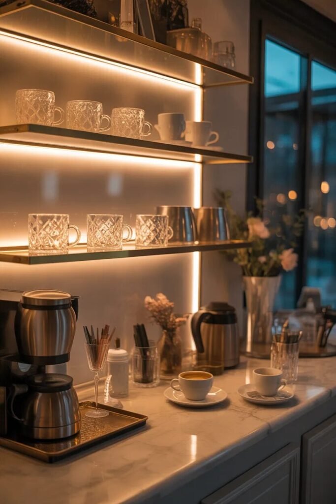 Luxurious coffee bar LED shelves