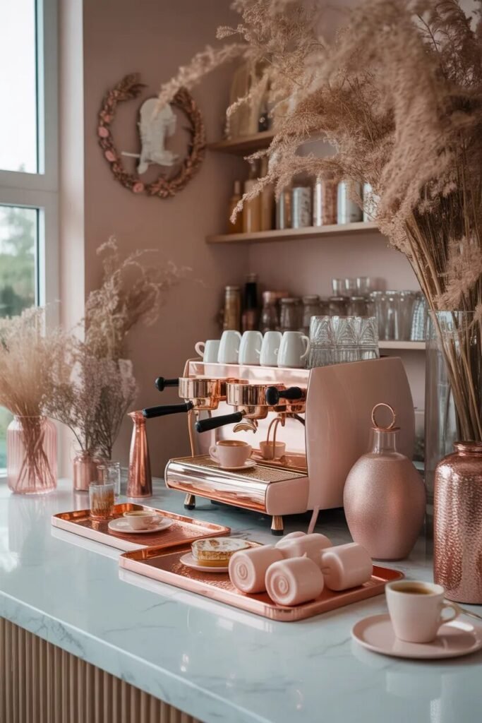 Luxurious coffee bar rose gold