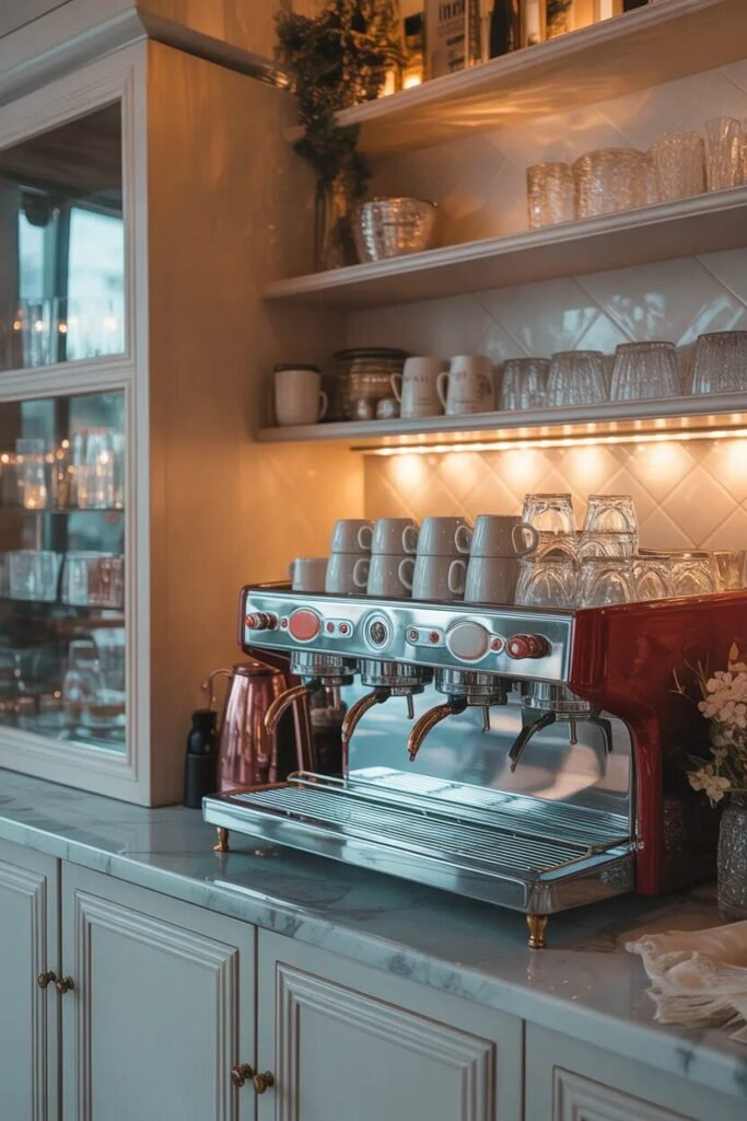 Luxurious coffee bar open cabinets