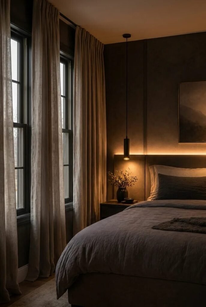 romantic moody bedroom ideas backlit headboard