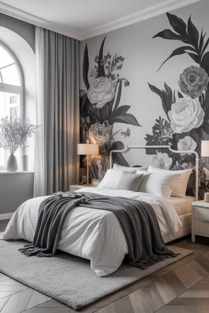 monochrome floral bedroom ideas decor